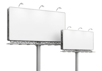 Obraz premium Two blank white billboards of different sizes on metal stands isolated on transparent background