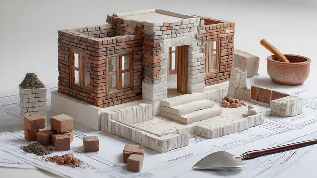 Realistic white studio view of house model with removable roof resting near cutaway drawings, encircled by mini bricks and trowel, highlighting interior planning concept