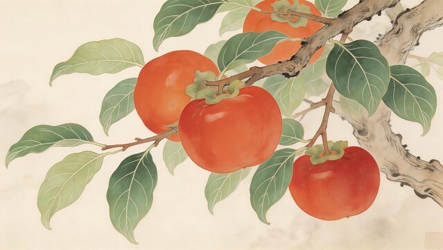 Persimmon fruit on tree branch