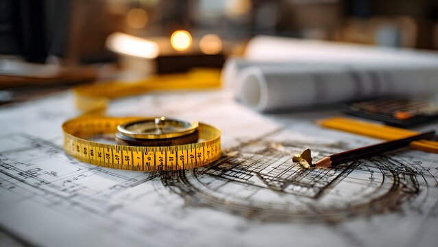 Detailed concept visualization of structural engineering and architecture with yellow tape measure, compass, and pencil carefully positioned on technical blueprints in a tidy well lit design studio