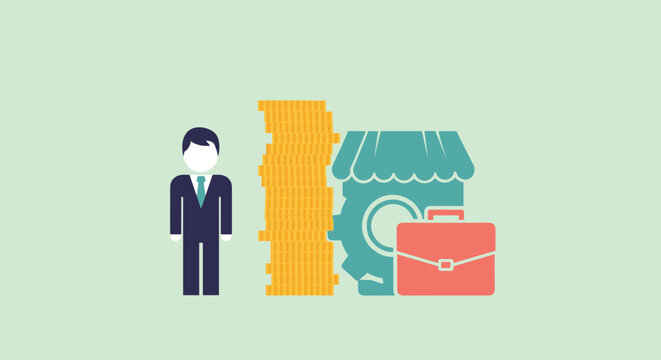 Flat minimalist illustration of business owner building financial buffer, b