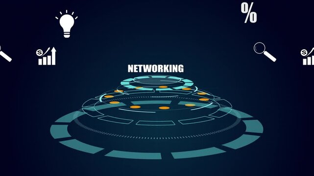 Futuristic HUD interface displaying digital networking technology concept, high-tech business communication network connection, abstract data visualization for global internet and corporate success.