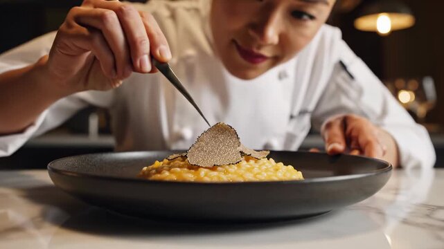 Chef Expertly Garnishes Exquisite Risotto Dish with Fresh Truffle Slices.