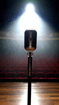 A Vintage Microphone Stand Tall on an Empty Stage, Illuminated by a Dramatic Spotlight, Symbolizing the Anticipation of Performance and Artistic Expression