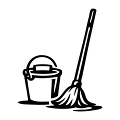 Logotipo con dibujo con líneas de un equipo de limpieza con fregona y cubo para el cuidado de suelos © teracreonte