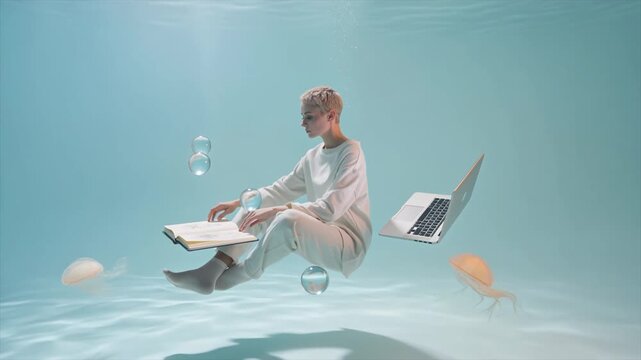 Minimalist floating person touching a book with laptop and bubbles