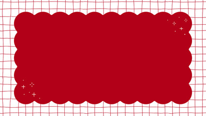きらきらがあしらわれた赤色のシンプルでかわいい背景装飾イラスト もこもこフレーム 格子柄