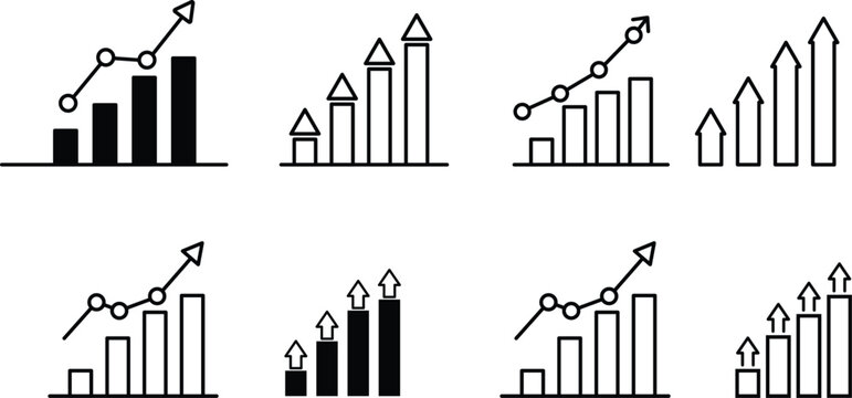 Bar chart with upward trend line and arrows graph line graph