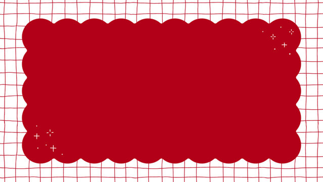 きらきらがあしらわれた赤色のシンプルでかわいい背景装飾イラスト　もこもこフレーム　格子柄