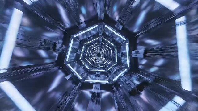 Futuristic Hexagonal Metal Tunnel with Blue Lights and Motion Blur