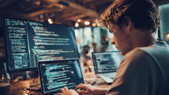 Developing programmer works on website design during evening hours in a cozy coffee shop setting with multiple screens displaying code