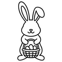 Obraz premium A charming black and white line art vector illustration depicts an adorable Easter bunny with long ears, a cute nose, and a cheerful expression, holding a traditional woven basket filled with several 