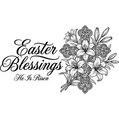 A beautiful black and white vector illustration for easter features elegant script typography with the phrases 'Easter Blessings' and 'He Is Risen,' alongside a detailed ornate christian cross adorned © MUHAMMAD
