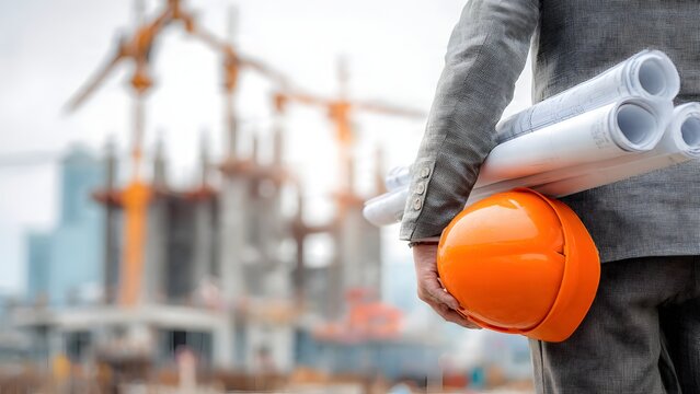 Realistic stock photo style scene, back view of engineering supervisor with rolled plans and helmet under arm, looking over industrial construction zone with steel lattice and bokeh workers