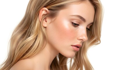 Fototapeta premium Beautiful Woman with Blonde Hair and Freckles on White Background