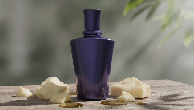 Deep purple shampoo bottle on rustic wood with raw shea butter and argan oil