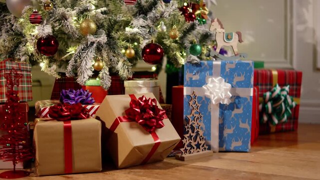 Festive scene: large pile of bright Christmas gifts wrapped in colorful paper and bows lying under the glowing Christmas tree. Warm morning light, joyful winter holiday concept 4K
