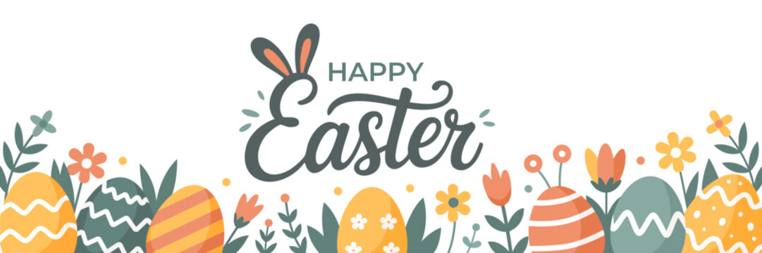 Cute Easter banner illustration. Happy Easter egg greeting card background template. Easter horizontal poster. Trendy Easter design with hand drawn Easter eggs, spring flowers and bunny ears