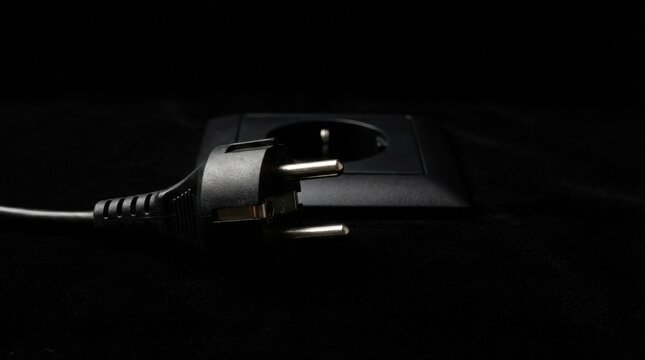 Black electrical power plug with its cable rests on a dark surface a matching wall socket is visible in the background
