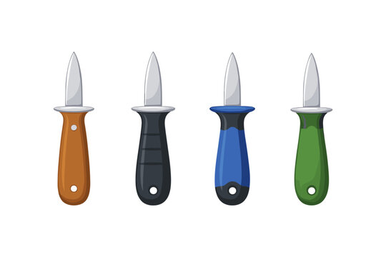 Four oyster shucking knives with different colored handles displayed in a row