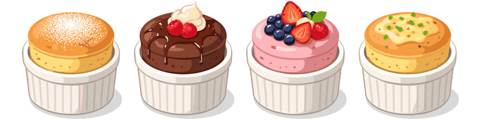Four delicious soufflés in ramekins, showcasing sweet and savory flavors