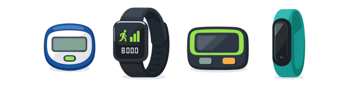 Collection of modern fitness trackers and pedometers for health monitoring