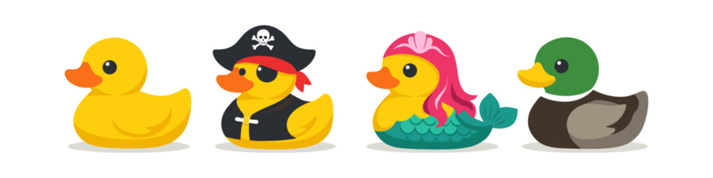 Cute rubber ducks dressed as a pirate, mermaid, and a mallard duck