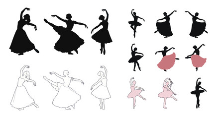 Ballet Dancers Silhouettes and Line Art Poses Collection © rokok