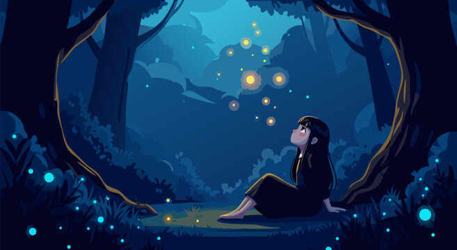 Enchanting Night Forest Scene Vector Illustration of a Young Girl Gazing at Fireflies