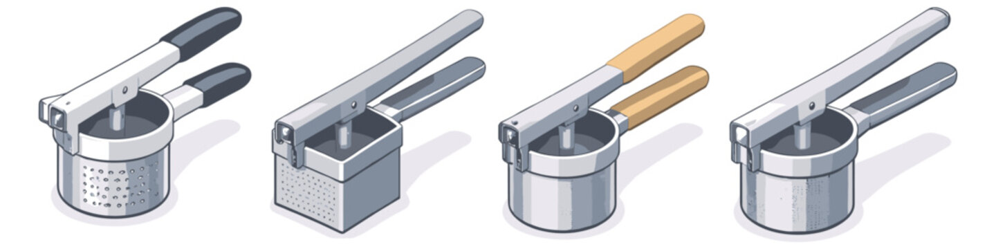 Collection of four kitchen potato ricers with different handle and disc designs