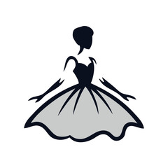 Logotipo de boutique de moda femenina. Dibujo sencillo con líneas de una mujer con guantes y un vestido con falda elegante © teracreonte