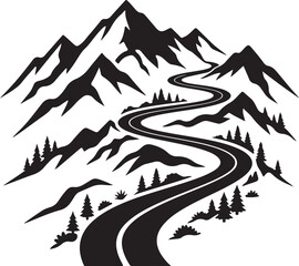 Fototapeta premium Black silhouette of a winding road through mountains and trees on white background, scenic landscape illustration.
