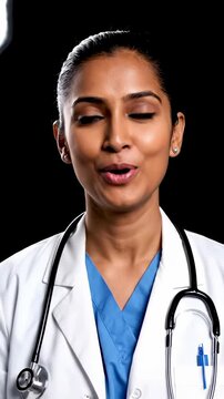 Portrait of a smiling female doctor in a white coat with a stethoscope.