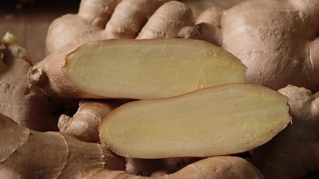 Fresh ginger in a wooden plate.	