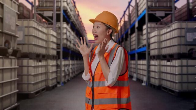 Side View Of Asian Female Engineer With Safety Helmet Smiling To Camera And Saying Wow While Standing at Warehouse with Containers and Barrels