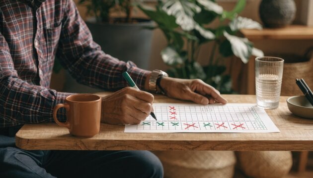 Investor marking exclusion of noncompliant companies on a physical portfolio sheet with softly outoffocus sustainable decor in the background