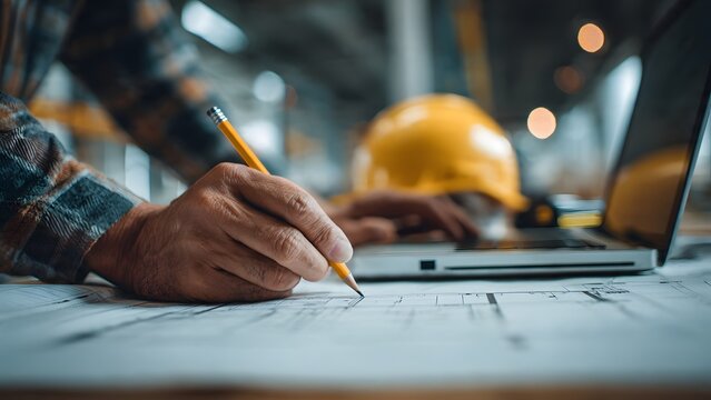 Ultra realistic close-up shot of construction engineer hands sketching temporary shoring on structural plans while updating risk register on laptop, helmet and two-way radio blurred in background