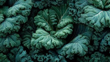 Fototapeta premium Hand-painted watercolor illustration of kale leaves in full frame composition, dense overlapping curly greens with deep texture and rich green tones, ideal for food background.