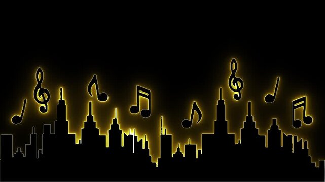 City music skyline. Urban rhythm art. Glowing notes city. Musical night life. Gold outline city. Lofi city vibes. Metro sound waves. Neon skyline notes. Urban melody design. Jazz city graphic.