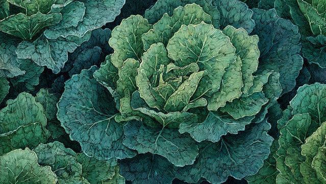 Hand-painted watercolor illustration of kale leaves in full frame composition, dense overlapping curly greens with deep texture and rich green tones, ideal for food background.