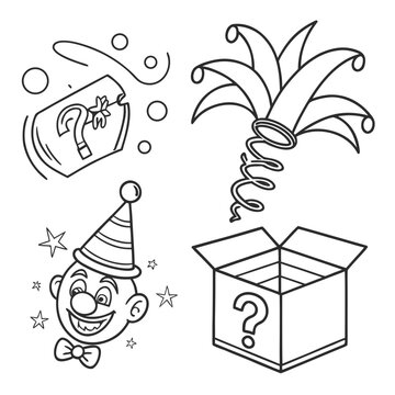 Set of April Fool&rsquo;s icons (clown, prank box, confetti), simple line vector