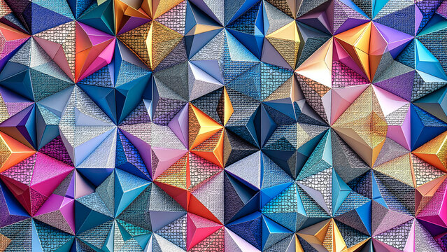 4K Panoramic 16:9 Multicolored Geometric 3D Mosaic with Mixed Fabric Canvas Brick and Stone Textures