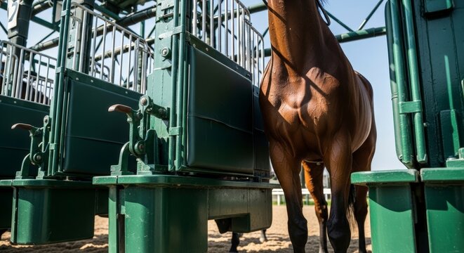 Brown horse in green stable stall.