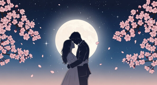 Romantic couple kissing under cherry blossoms and full moon at night