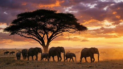 Fototapeta premium African Elephant Herd Silhouetted Against Fiery Sunset in Savanna