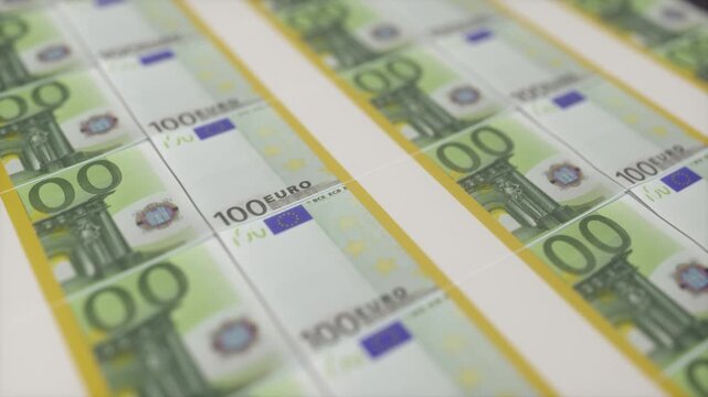 Printed Sheets of One Hundred Euro Banknotes in Soft Focus