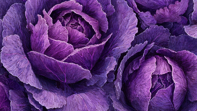 Hand-painted watercolor illustration of purple cabbage in full frame composition, dense overlapping leaves with rich purple tones and layered texture, perfect for food background.
