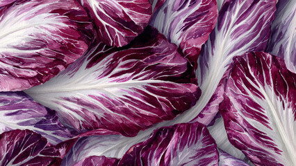 Obraz premium Hand-painted watercolor illustration of radicchio leaves in full frame composition, dense overlapping leaves with bold purple tones and white veins, perfect for food background.