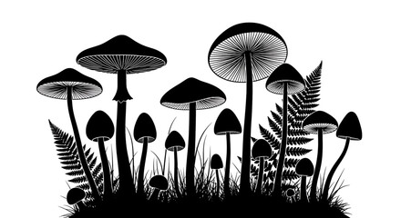 Black and white illustration of various mushrooms and ferns growing together in a forest floor scene with grass fungi silhouette nature wildlife botany mycology fungal © Mamun