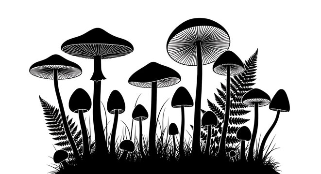 Black and white illustration of various mushrooms and ferns growing together in a forest floor scene with grass fungi silhouette nature wildlife botany mycology fungal